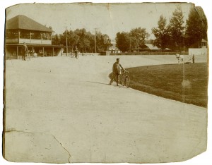 Undated photo, courtesy of Ed Gilmore. Riverton Athletic Assn. Bicycle track - note roof of old passenger PRR station in distance at right; roof of Zena's (now Orange Blossom Café) near center