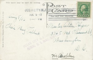 Postcard with handwritten notation VIA AEROPLANE